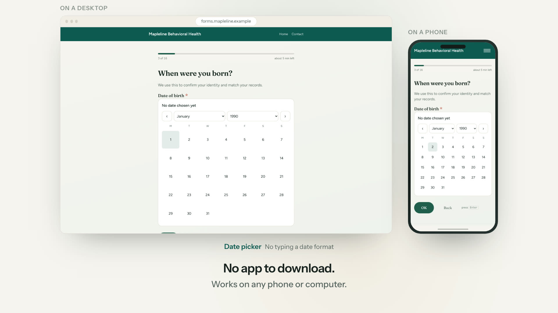 An Oraform patient form open side by side on a desktop browser and a phone